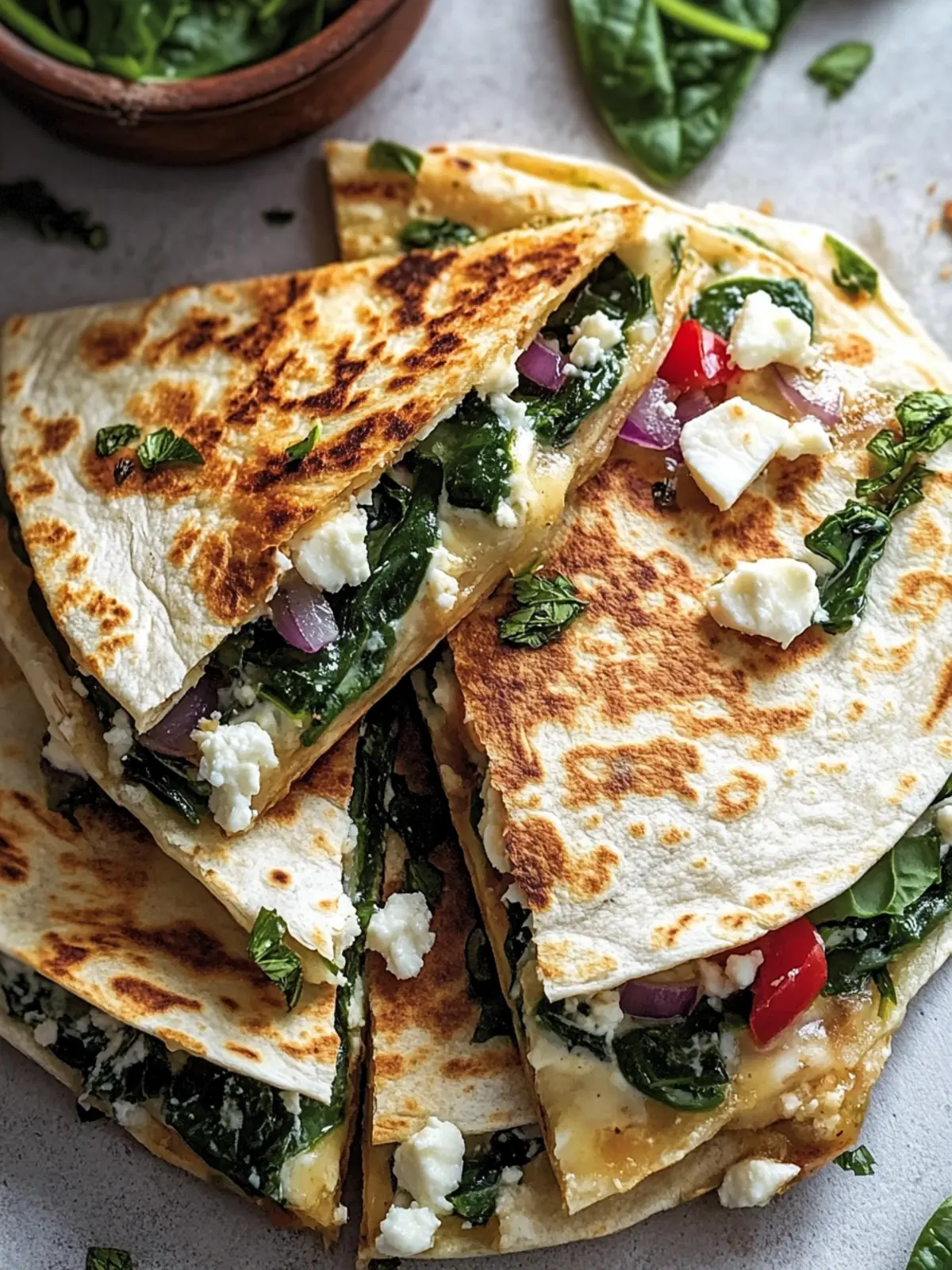 Mediterranean Quesadillas with Spinach, Feta, and Mozzarella Delight 4 Mediterranean Quesadillas with Spinach, Feta, Mozzarella, and Red Onion