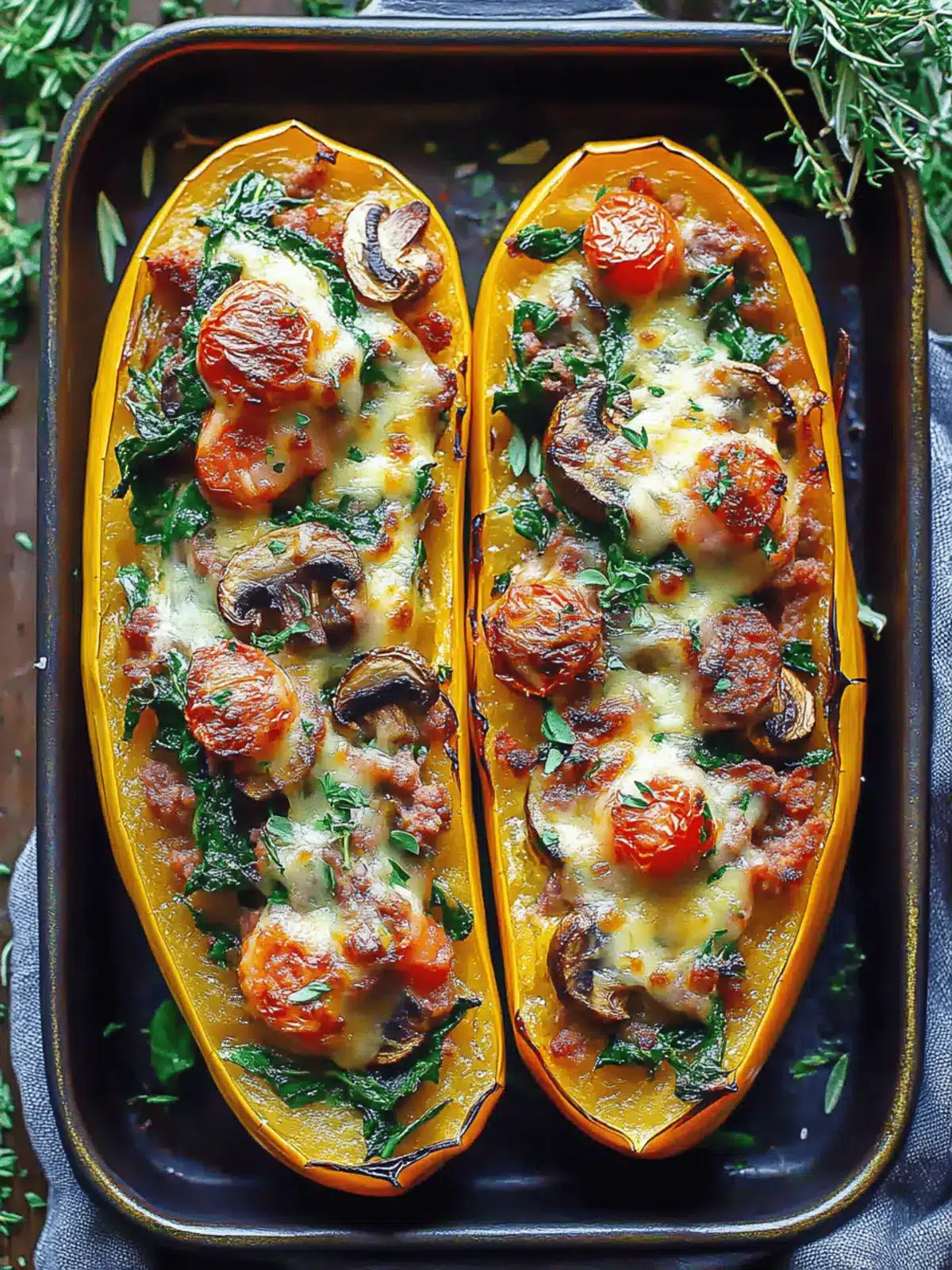 Italian Sausage Stuffed Spaghetti Squash: Healthy Comfort Food 2 Italian Sausage Stuffed Spaghetti Squash with Spinach, Tomatoes, and Mushrooms