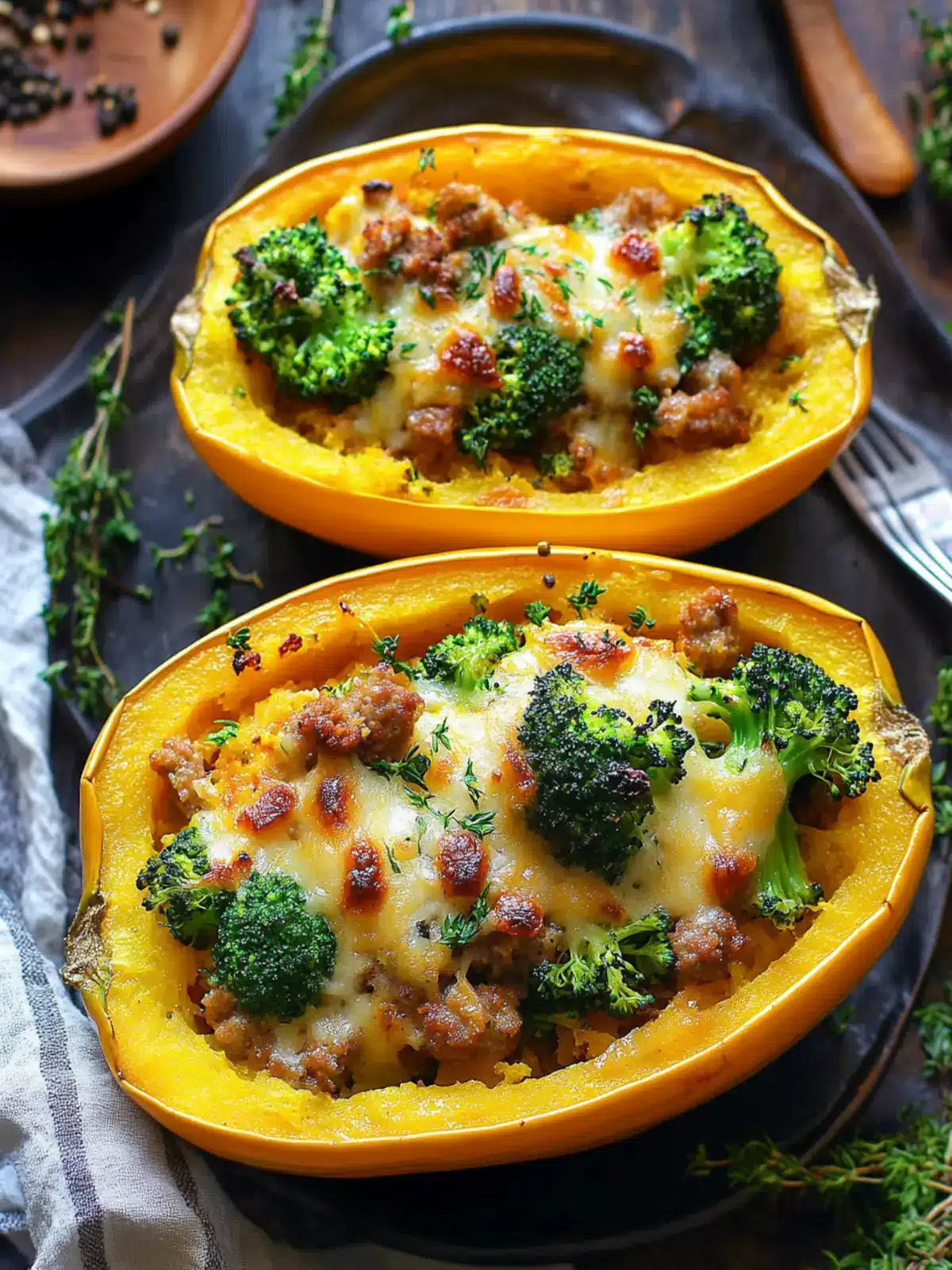 Stuffed Spaghetti Squash with Broccoli, Sausage, and Cheddar Magic 4 Stuffed Spaghetti Squash with Broccoli, Sausage, and Cheddar Cheese