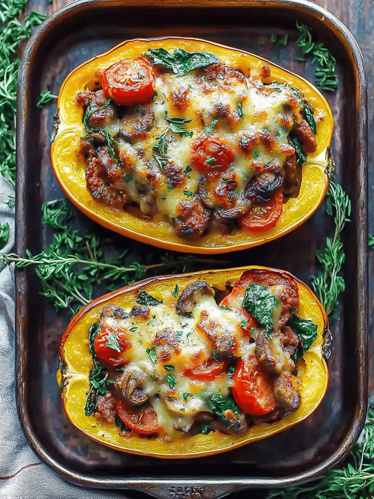 Italian Sausage Stuffed Spaghetti Squash: Healthy Comfort Food 3 Italian Sausage Stuffed Spaghetti Squash with Spinach, Tomatoes, and Mushrooms