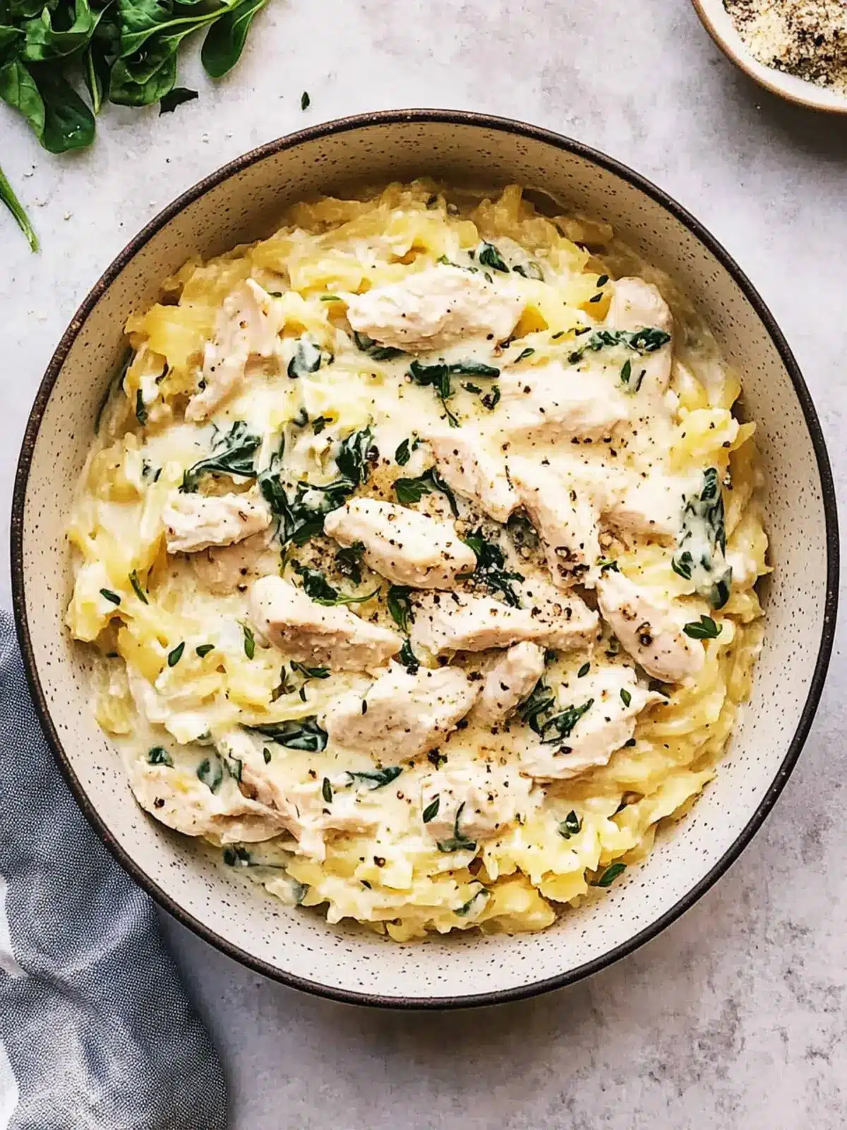 Creamy Chicken and Spinach Spaghetti Squash Alfredo Delight 4 Chicken and Spinach Spaghetti Squash Alfredo