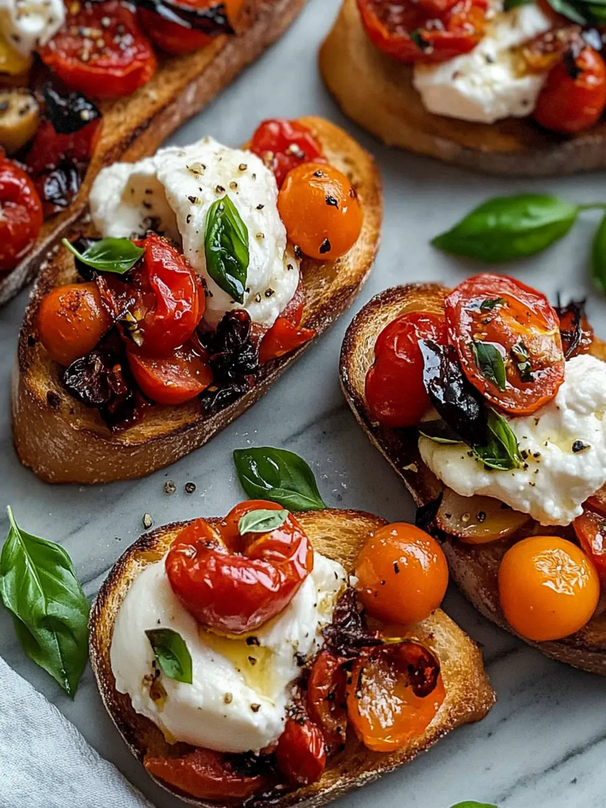 Bruschetta with Burrata, Roasted Garlic & Seared Tomatoes Delight 2 Bruschetta with Burrata, Seared Tomatoes & Roasted Garlic