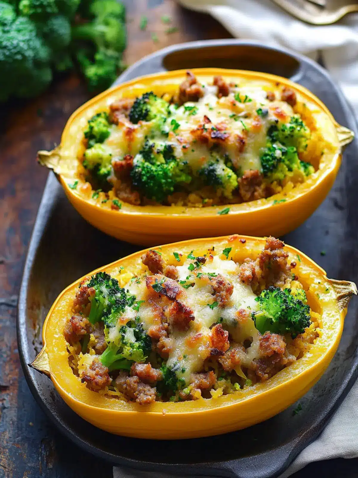 Stuffed Spaghetti Squash with Broccoli, Sausage, and Cheddar Magic 3 Stuffed Spaghetti Squash with Broccoli, Sausage, and Cheddar Cheese