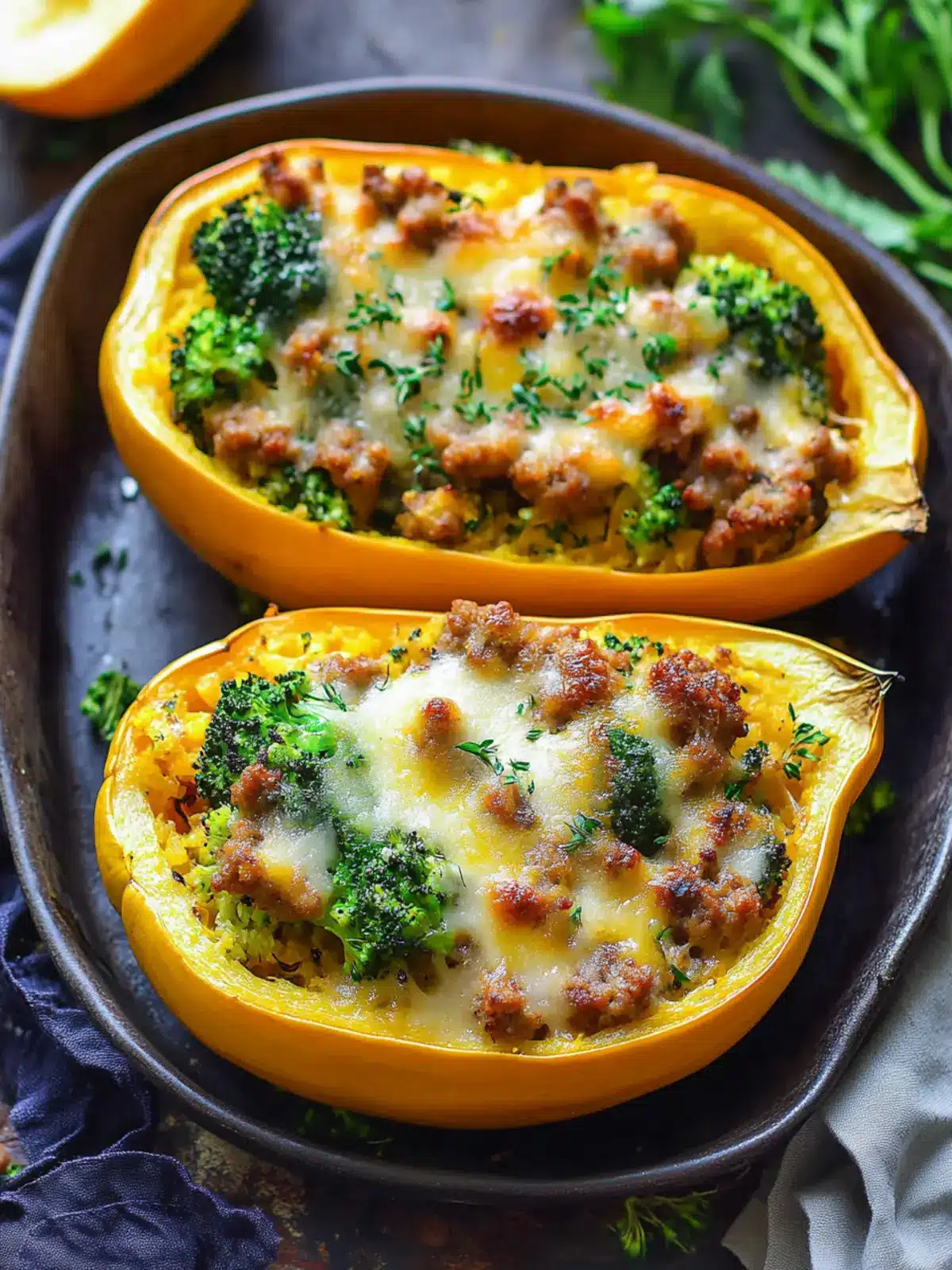 Stuffed Spaghetti Squash with Broccoli, Sausage, and Cheddar Magic 2 Stuffed Spaghetti Squash with Broccoli, Sausage, and Cheddar Cheese