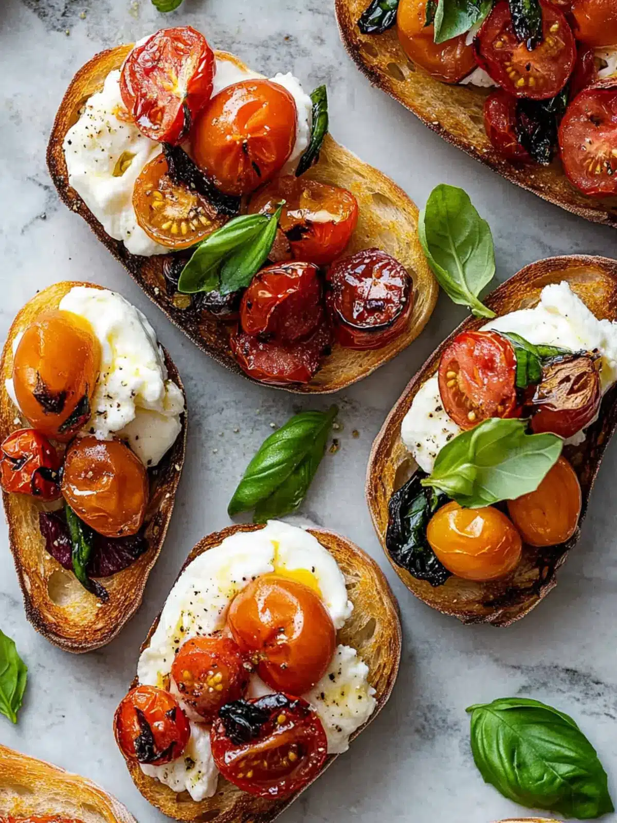 Bruschetta with Burrata, Roasted Garlic & Seared Tomatoes Delight 3 Bruschetta with Burrata, Seared Tomatoes & Roasted Garlic