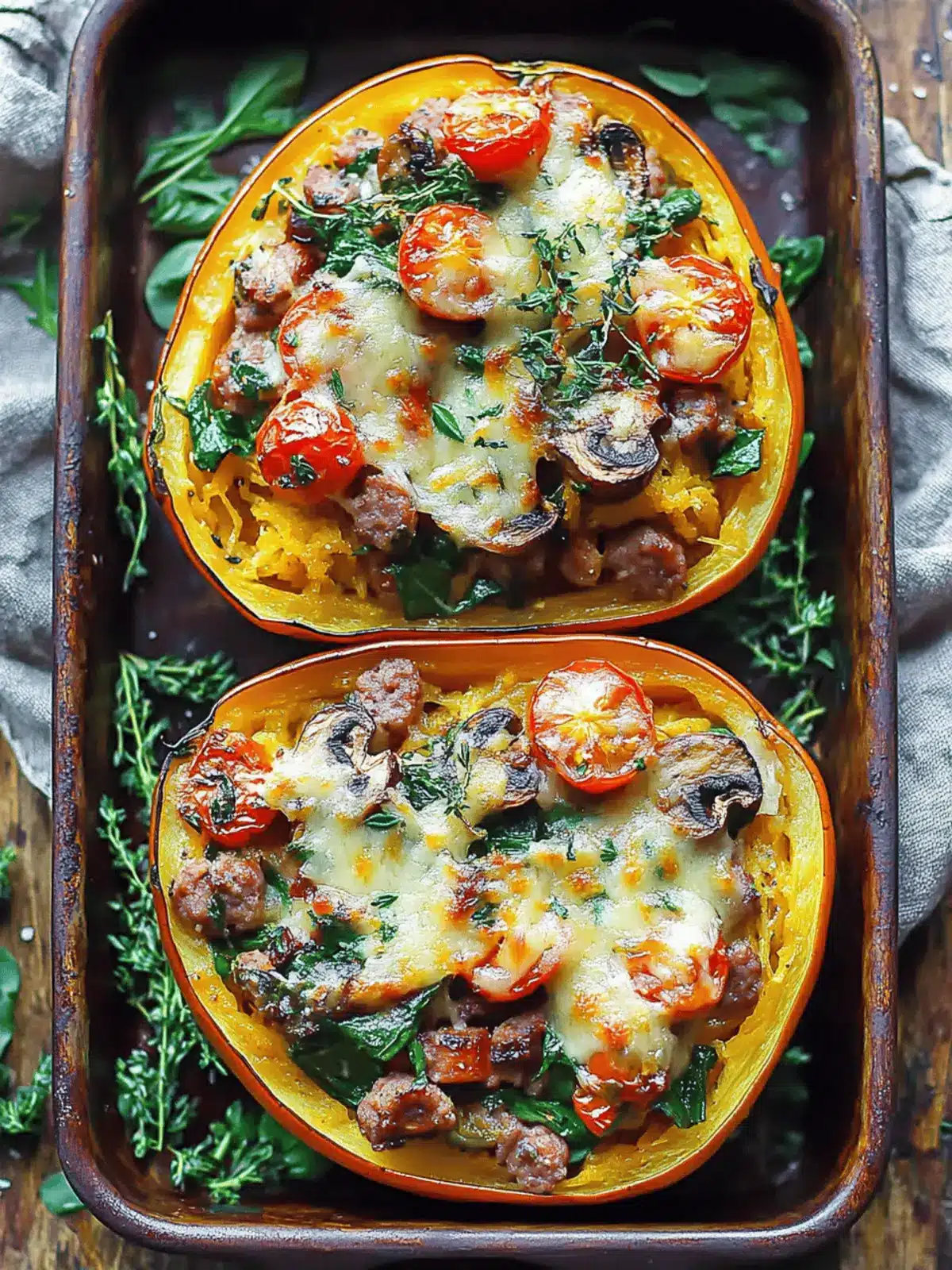 Italian Sausage Stuffed Spaghetti Squash: Healthy Comfort Food 4 Italian Sausage Stuffed Spaghetti Squash with Spinach, Tomatoes, and Mushrooms